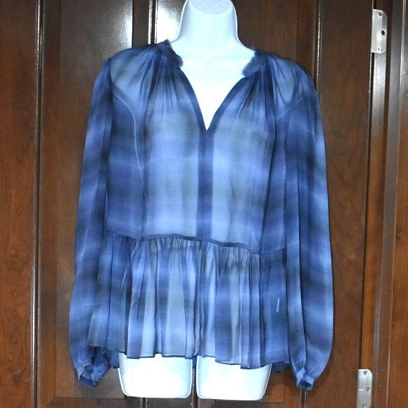 Rebecca Taylor Plaid Silk Blouse Size 4 Long Sleeve Sheer V-neck New - Picture 3 of 15